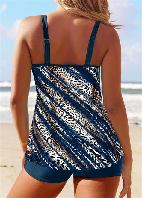 Patchwork Mid Waisted Leopard Peacock Blue Tankini Set Modlily