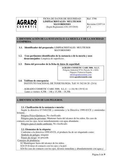 Ficha De Datos De Seguridad Limpiacristales Multiusos Mayordomo Seg N