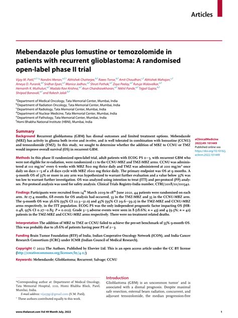 Pdf Mebendazole Plus Lomustine Or Temozolomide In Patients With