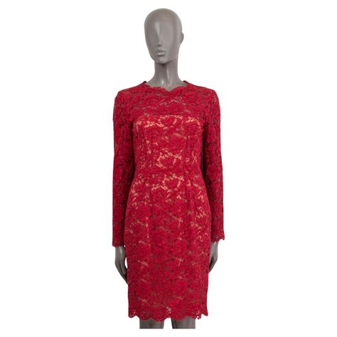 VALENTINO Red Cotton FLORAL GIUPURE LACE Long Sleeve Shift Dress 40 S