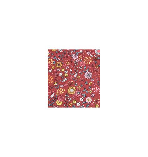 Tissu Coton Rouge Terracotta Dessin Fleurs Jaunes Et Roses Au Fil De