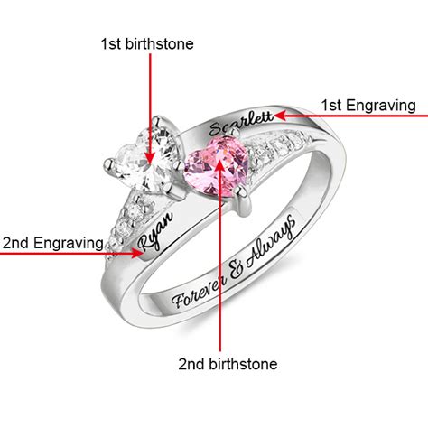 Personalized Engraved Double Heart Birthstone Promise Ring With Rose