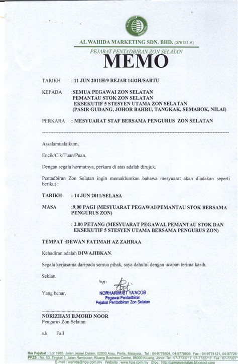 Pejabat Operasi Zon Selatan Memo Mesyuarat