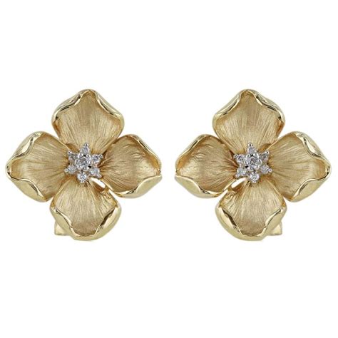 Diamond Gold Flower Earrings At 1stdibs