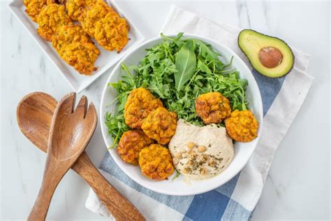 Healthy Salad With Baked Sweet Potato Falafel And Hummus Stock Image