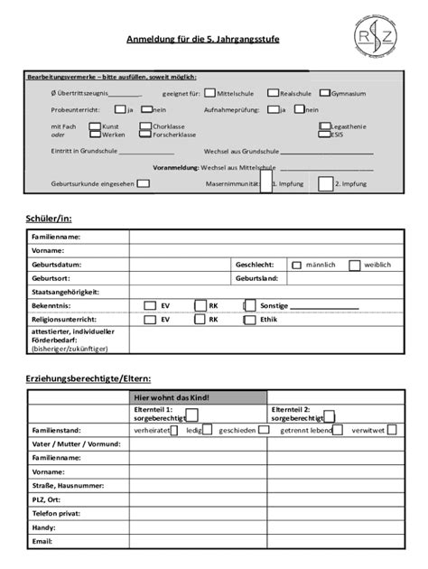 Ausfüllbar Online Checkliste Anmeldung fr 5 Klassen ab dem