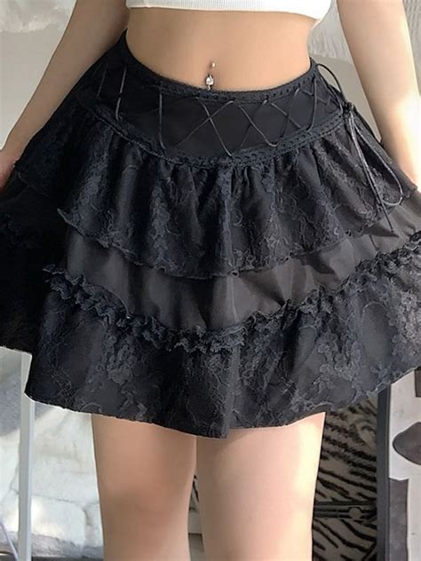 Emmiol Free Shipping 2023 Gothic Lace Paneled Lined Mini Skirt Black L