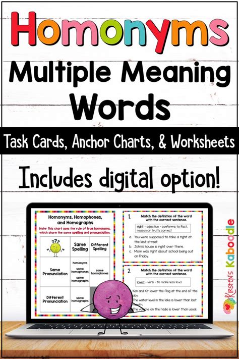 Homonyms Task Cards Anchor Charts Worksheets Activities Multiple