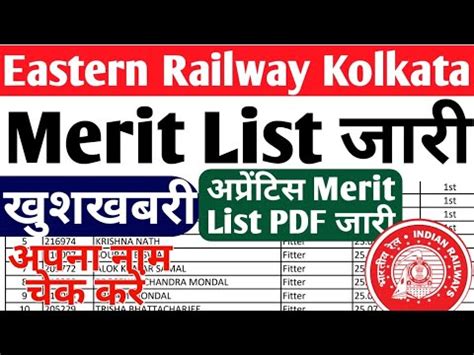 Eastern Railway Kolkata Apprentice Merit List Rrc Er Kolkata