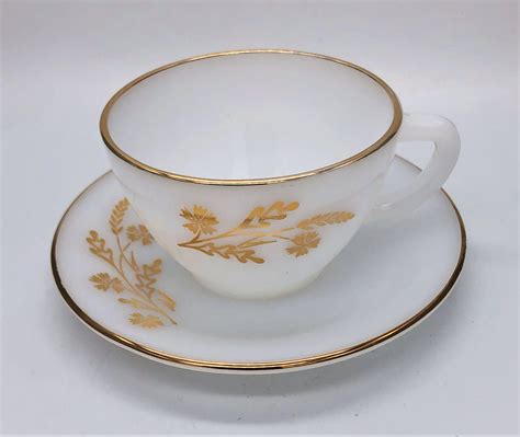 Federal Milk Glass Tea Cup Saucer Set Of 5 Gold Floral Design Etsy