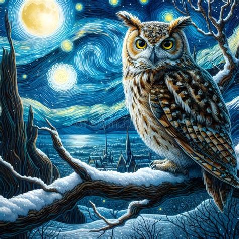 An Owl Perched At A Snowy Tree Branch By A Lake In A Peaceful Night