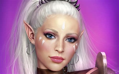 Fantasy Woman Girl Elf White Hair Blue Eyes Face Pointed Ears Wallpaper