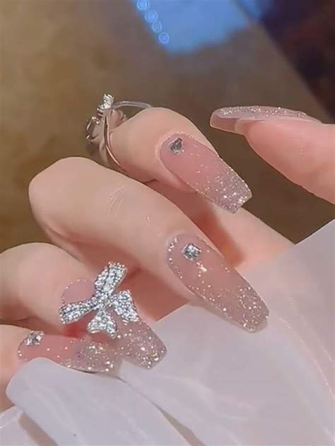 Transform Your Nails With 24pcs Long Coffin Glitter Rhinestone 3d Bow Decor Glitter Fake Nail