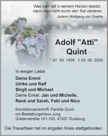 Traueranzeigen Von Adolf Quint Trauer In Nrw De