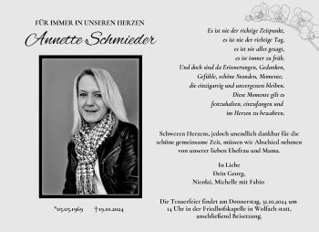 Traueranzeigen Von Annette Schmieder Schwarzw Lder Bote Trauer