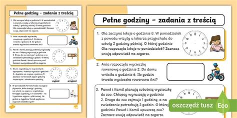 Pełne godziny Zadania z treścią Edukacja matematyczna