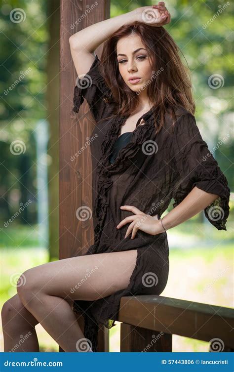 Beautiful Female Portrait With Long Brown Hair Outdoor Genuine Natural