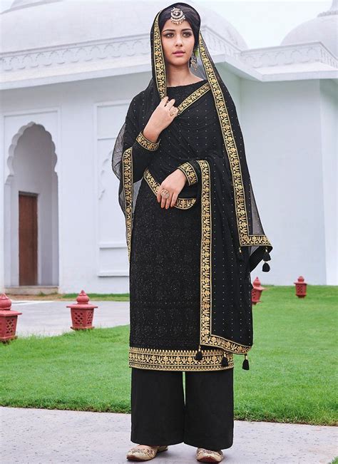 Black Thread Embroidered Palazzo Suit Features A Bemberg Chiffon Kameez