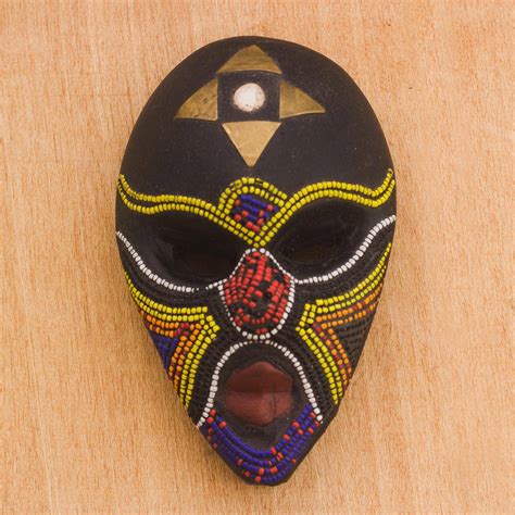 Multi Color Bead Mosaic On Black Wood African Wall Mask Emyinnaya Novica