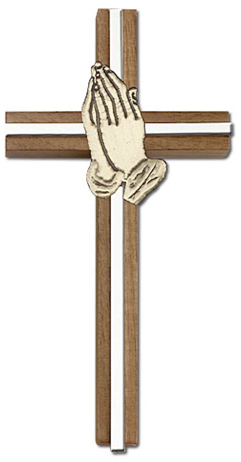 6 Walnut Praying Hands Cross Gold Tone Hands On Nickel Plated Inlay