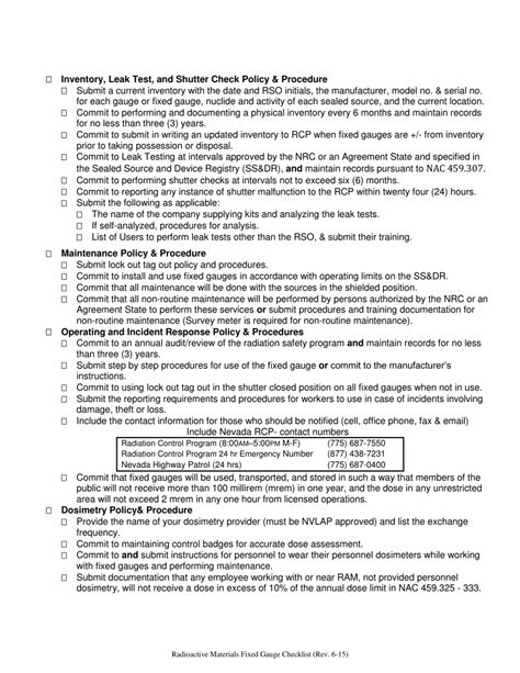 Nevada Radioactive Materials Ram Fixed Gauge Licensing Checklist