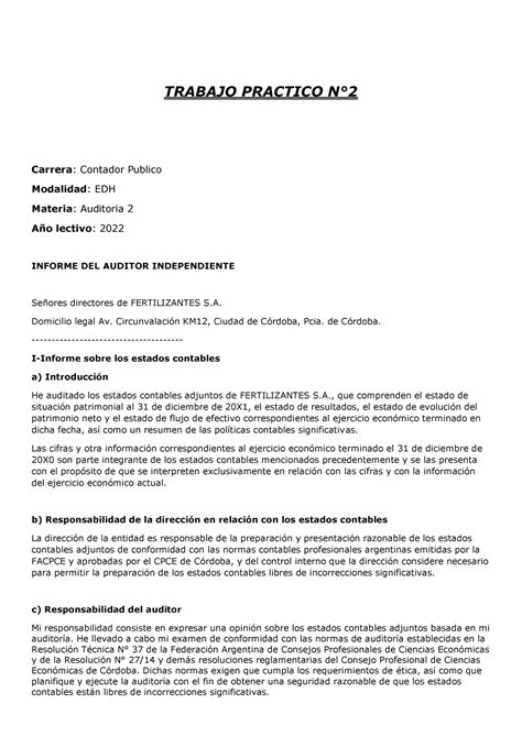 Tp Auditoria Aprobado Trabajo Practico N Carrera Contador