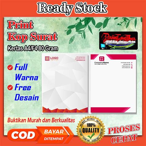 Jual Print Kop Surat A4f4 Hvs 80 Grm Full Warna Minimal 100 Lbr