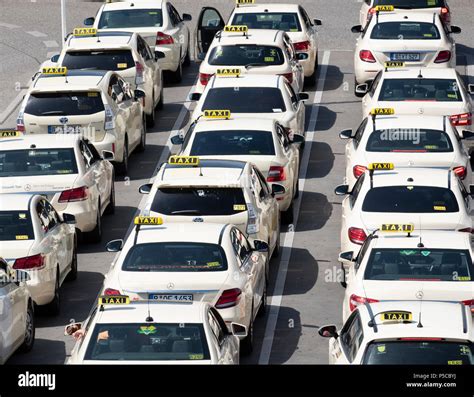 Taxi Rank With Many Taxis Queuing At Tegel Airport In Berlin Germany