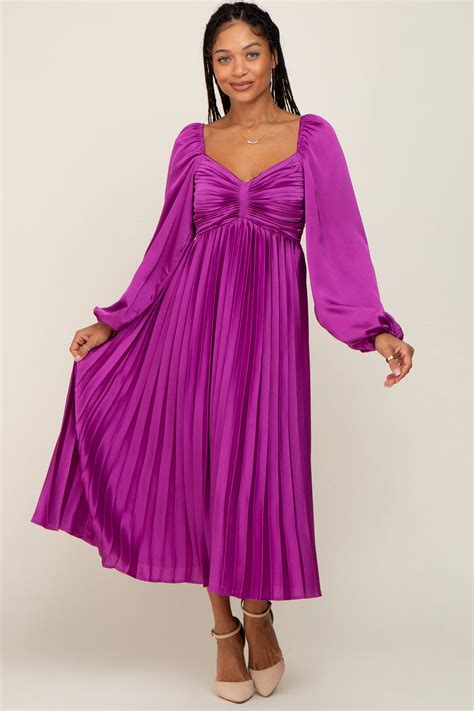 Purple Satin Pleated Midi Dress Pinkblush