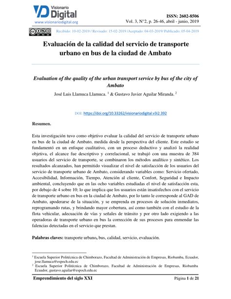 Pdf Evaluación De La Calidad Del Servicio De Transporte Urbano En Bus De La Ciudad De Ambato