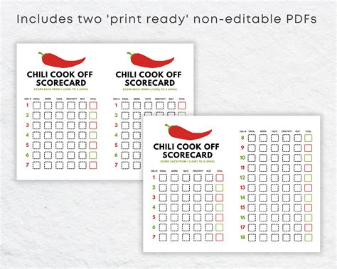 Chili Cook Off Scorecard Printable For Chili Competition Etsy