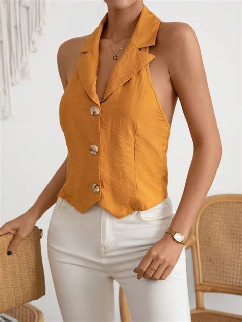 Shein Essnce Solid Button Front Backless Waistcoat Shein Eur