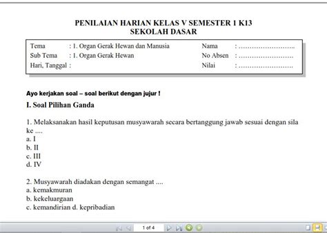 Soal Penilaian Harian Kelas Tema Subtema Dan Kunci Jawabannya