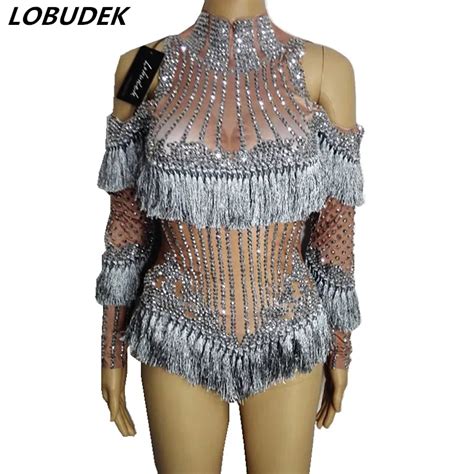 Silver Tassels Bling Rhinestones Bodysuit Nightclub Women Singer Dj Ds Costume Bar Dancer Teams