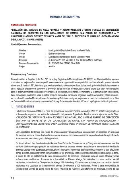 Informe De Memoria Descriptiva Para Agua Potable Y Alcantarilla