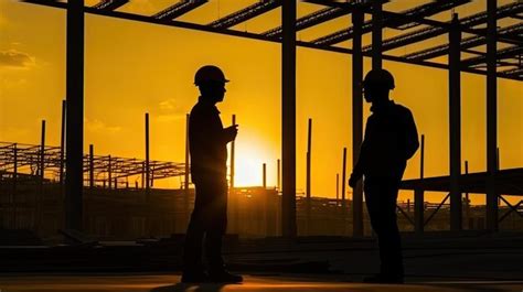 Silueta De Ingeniero Y Trabajador Revisando El Proyecto En El Fondo Del