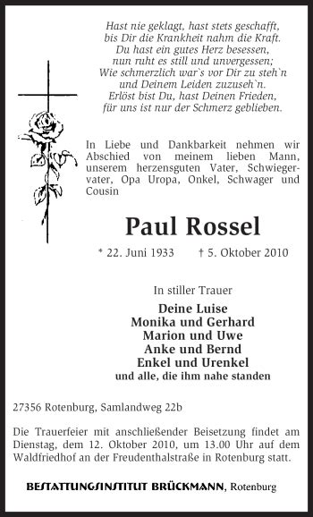 Traueranzeigen Von Paul Rossel Trauer Kreiszeitung De