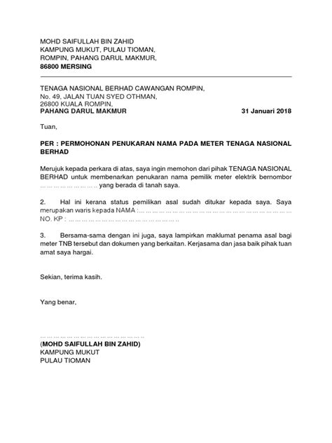 Surat Mohon Tukar Nama Meter Tnb