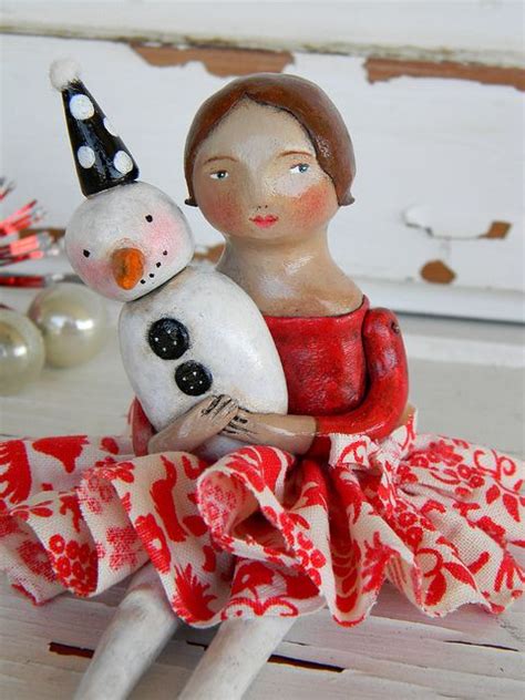 Snowman Pal Paper Clay Art Paper Mache Art Ooak Art Doll