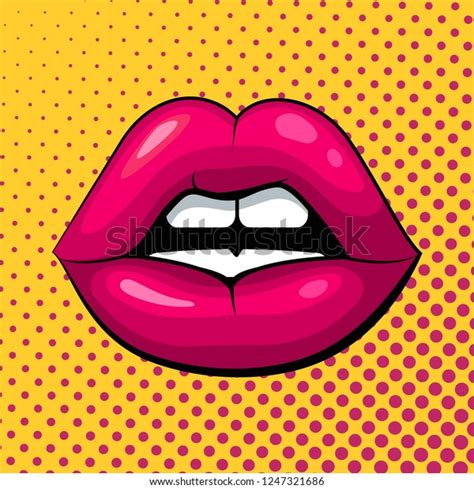 Red Female Lips On Yellow Background Stock Vector Royalty Free 1247321686