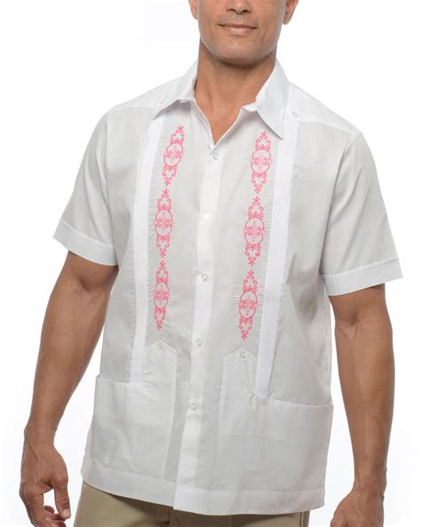 D Accord Short Sleeve Poly Cotton White And Hot Pink Mexican Guayabera