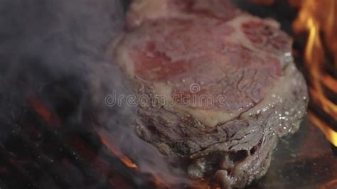 Roast Beef Beef Steak On Grill With Flames Rib Eye Steaks Cooking On