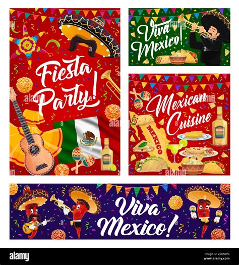 Viva Mexico Vector Banners With Mexican Holiday Sombrero Musicians And