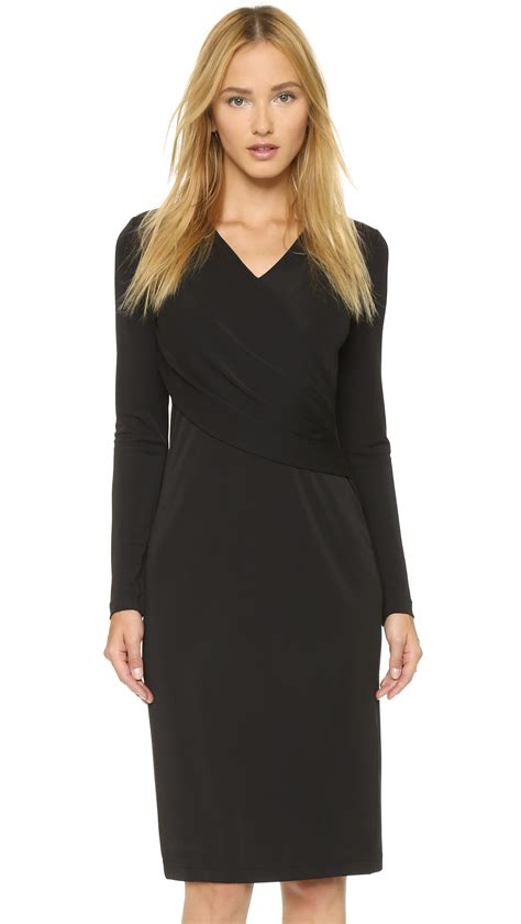 Dkny Long Sleeve Low V Neck Wrap Dress Black In Black Lyst