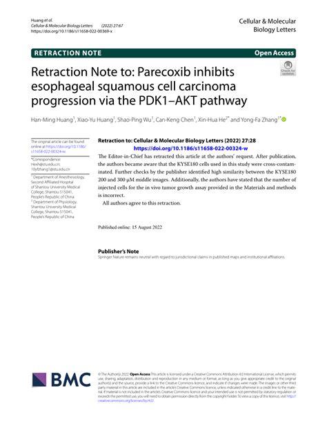 Pdf Retraction Note To Parecoxib Inhibits Esophageal Squamous Cell