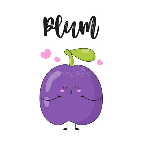 Print With Cute Plum Character On White Background Cartoon Fruit