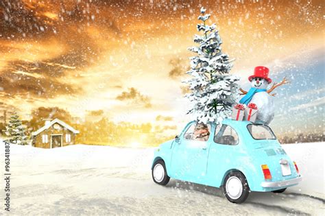 car with santa claus and gifts ilustración de Stock Adobe Stock