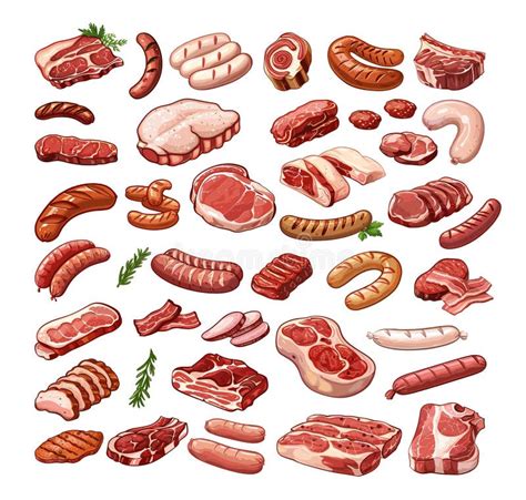 Meat Products Cartoon Vector Set Steaks Beef Lamb Pork Ribs Sausages