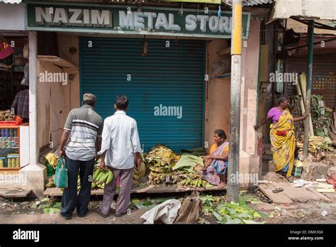 Banana Seller Set Up On A Pavement Across From The Pondicherry Market