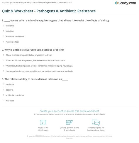 Quiz Worksheet Pathogens Antibiotic Resistance Study